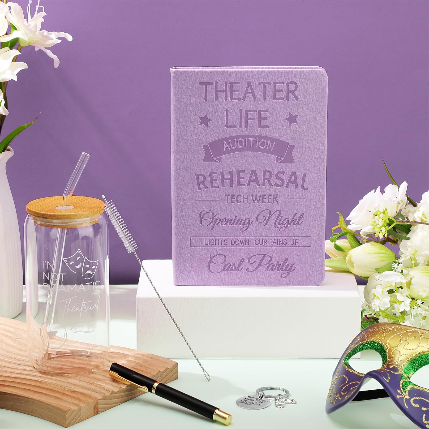 4 Pcs Theatre Gifts for Women Teens Theater Life 16oz Glass Cup Leather Notebook Ballpoint Pen Keychain Musical Broadway Graduation Gifts for Theatre Performers Directors Actors Drama Teacher(Purple) - Image 3