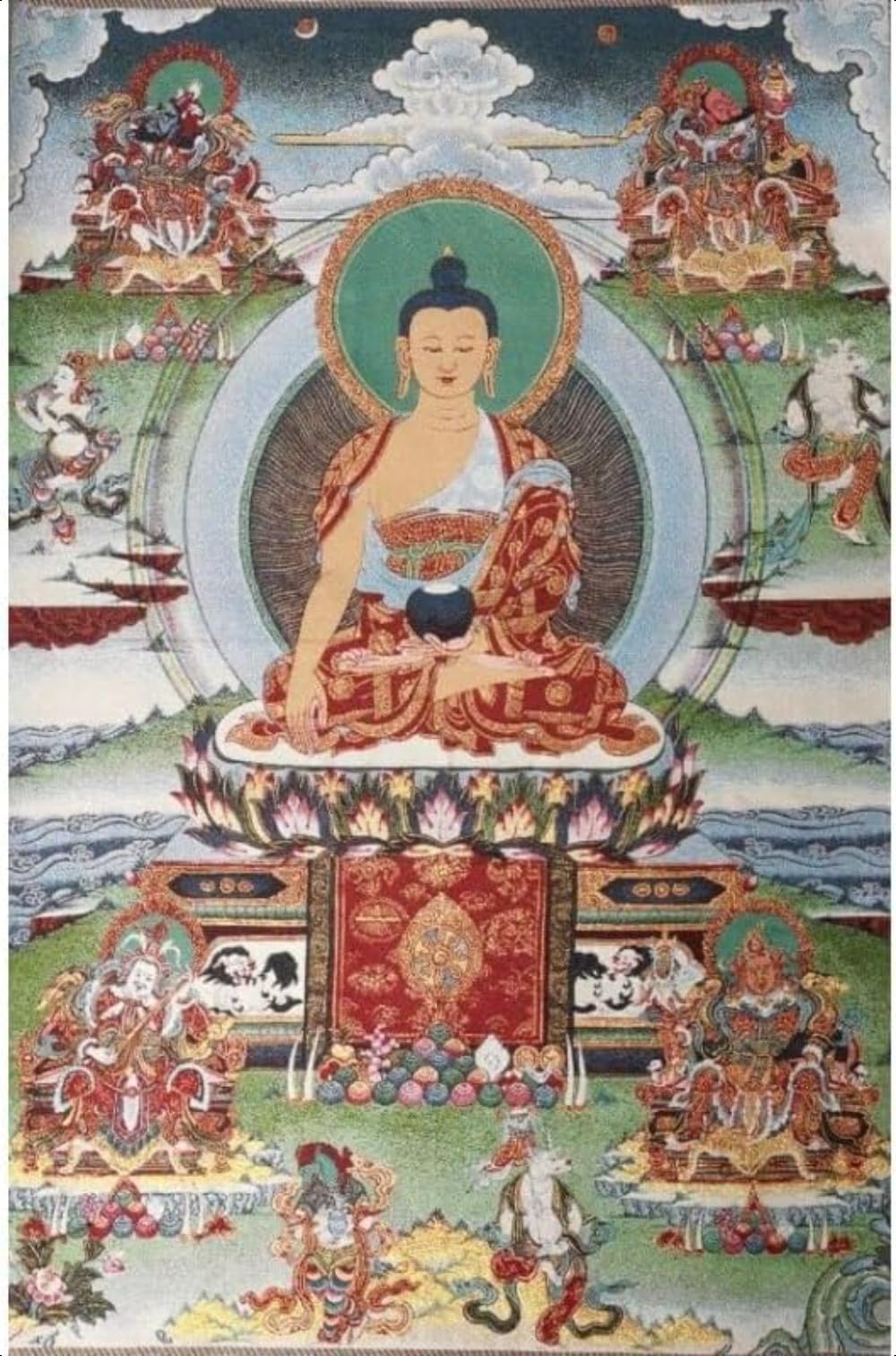 Thangka Silk Embroidery Tibetan Buddhism Sakyamuni Buddha 4 Dharma Protector Tangka Yoga Buddhist Tapestry Wall Hanging Wall Art Home Decor Tapestry Meditation