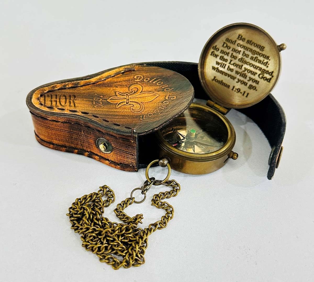 Antique Chain Compass for Hiking Nautical Brass Pocket with Engraved On Leather Case