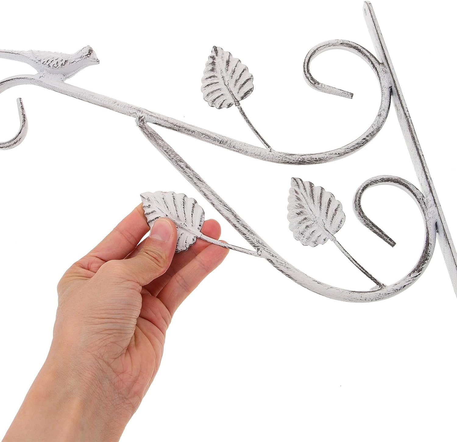 Iron Hanging Basket Hook and Bird Feeder Wall Mount Bracket, Rustic Vintage White Iron Plant Hanger for Outdoor Garden, Decorative Flower Pot Holder for Hanging Plants and Baskets