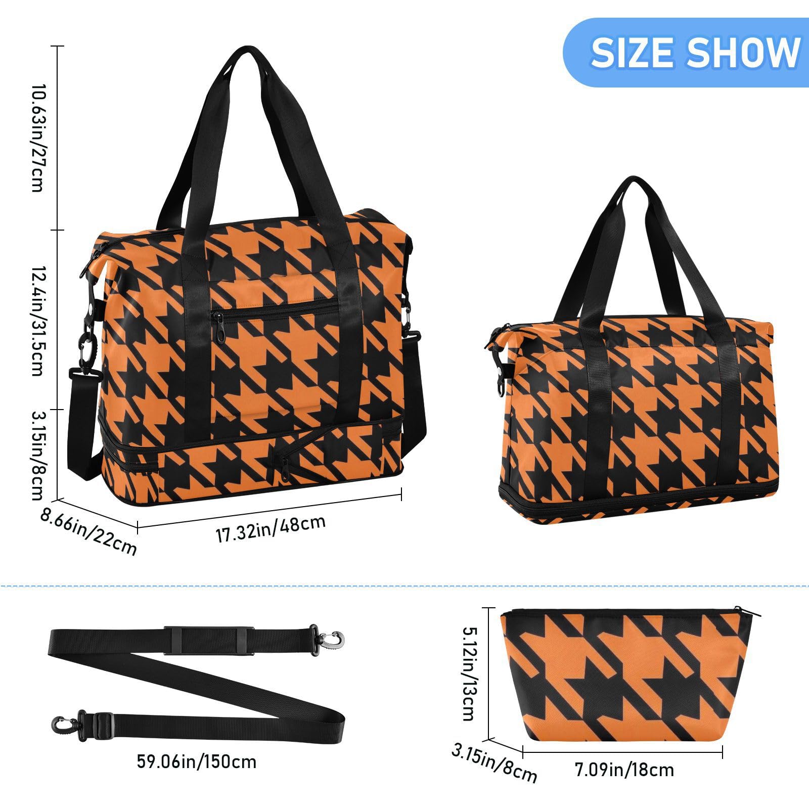 Lot de 2 sacs de voyage motif pied-de-poule orange avec poche humide et sangle réglable pour le yoga pour homme et femme