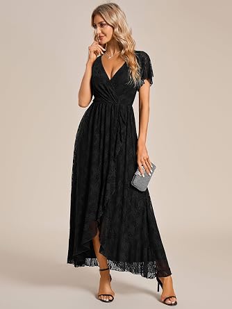 Ever-Pretty Women's Lace V Neck Ruffles Sleeves Pleated Empire Waist A-Line Maxi Formal Dresses 01489