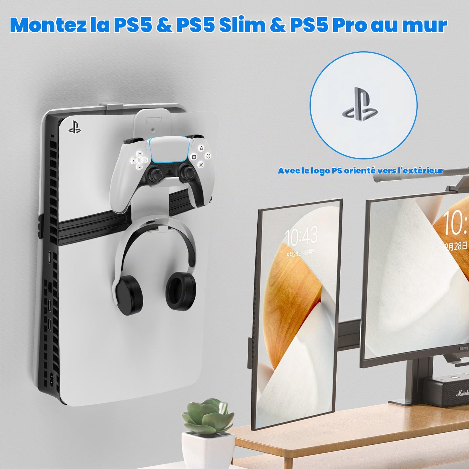 PS5 Support mural pour PS5 Slim et Pro en acier Playstation 5 Support mural avec support de commande et écouteur, vis de suspension éponge (blanc)