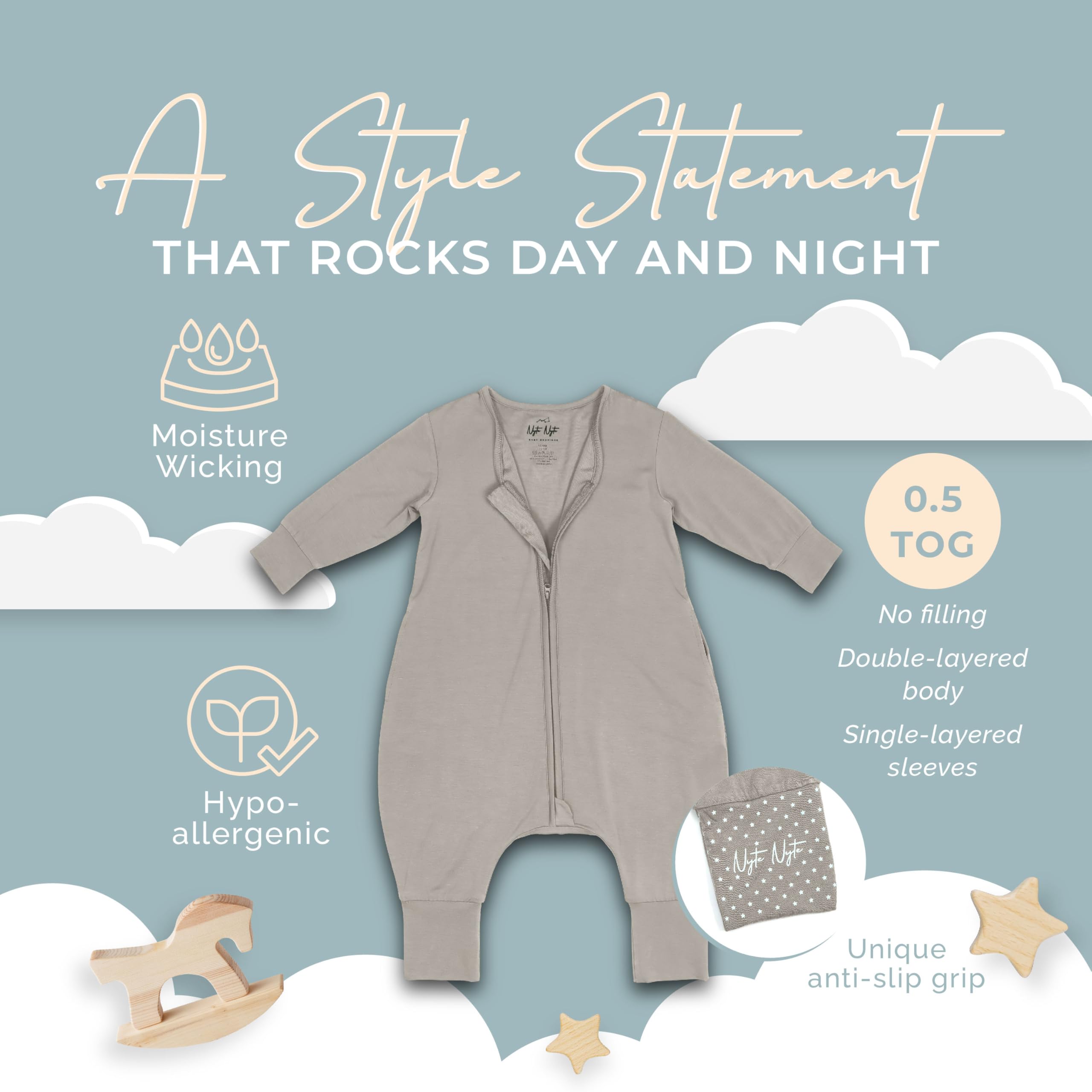 Nyte Nyte Baby- 0.5 TOG Taupe, 12 to 18 Months SnuggleSack Sleep Sack Rumper W Sleeves, Adjustable Feet Cuffs & Anti-Slip Grip