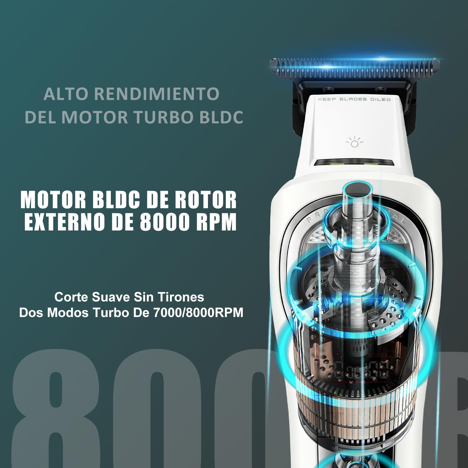 VGR 888C Cortapelos Profesional Inalámbrico, Función Turbo, Blanco | Motor BLDC De Rotor Externo, Luz Integrada, Base De Carga Y Pantalla LED