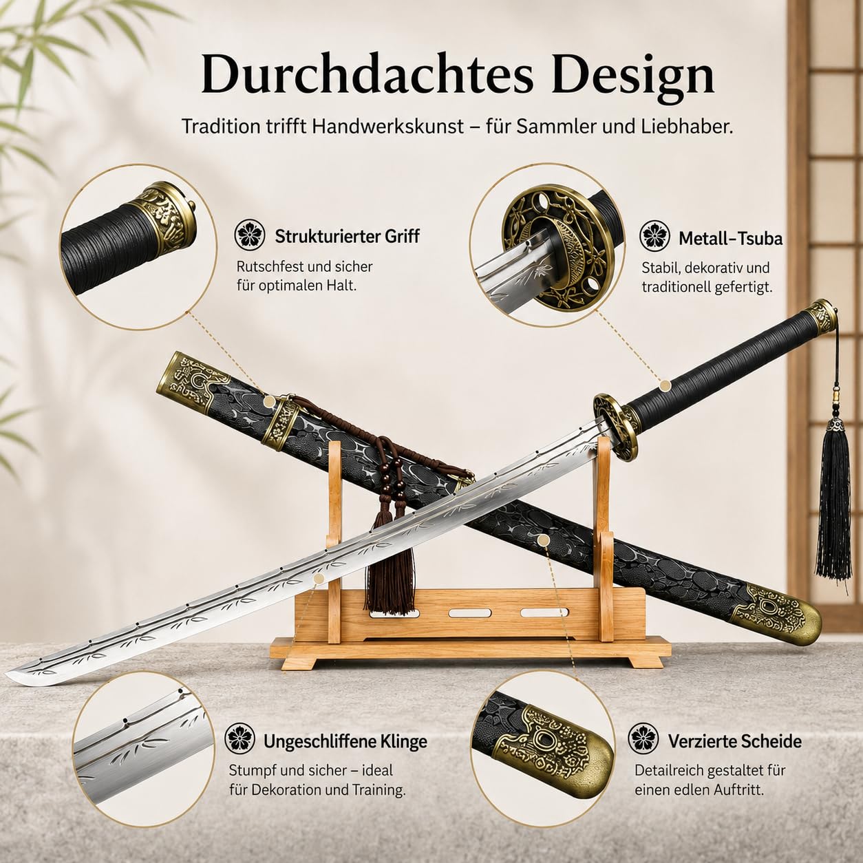 Katana Samuraischwert 104cm Nicht geschärft – Deko Schwert aus Edelstahl mit Bambusmuster, Schwarze Massivholz-Scheide, Japanisches Dekoschwert für Sammler, Cosplay & Geschenk