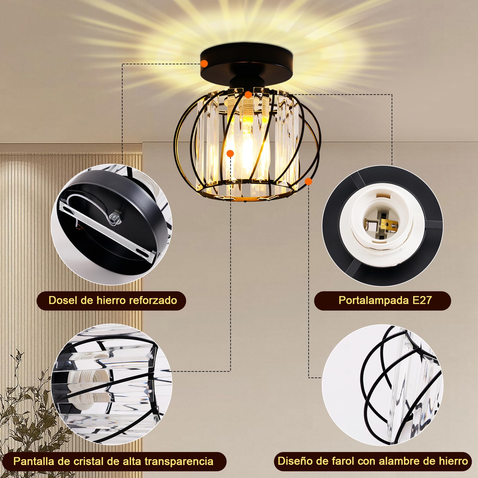 Lámpara de Techo de Cristal Moderna, Mini Luz de Techo de Cristal Negro, E27 Lámpara de Araña
