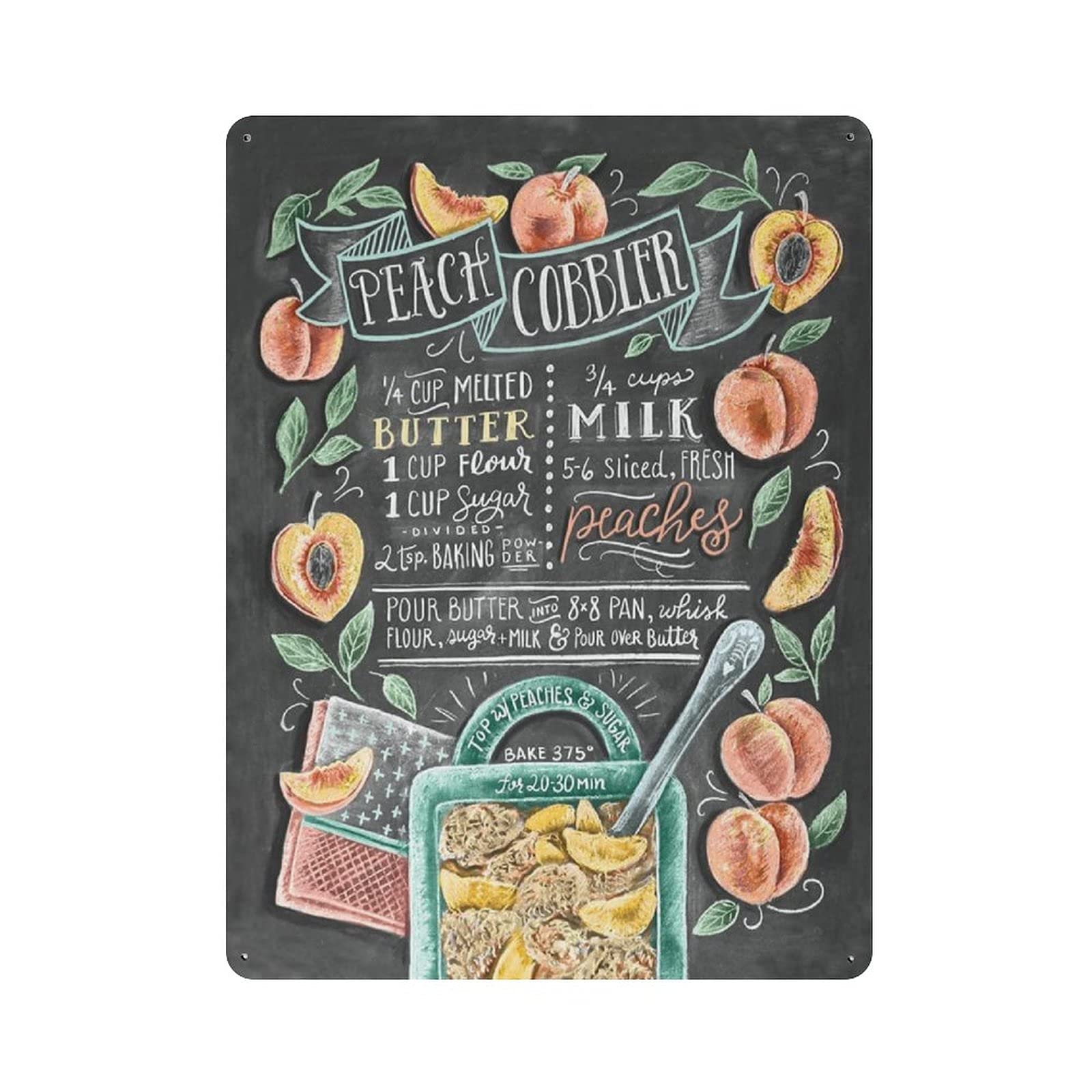 rayprint Metal Tin Sign Peach Cobbler Recipe Tin Sign Metal Aluminum Sign Vintage Wall Decor Retro Poster for Bars Restaurants Cafes Pubs Home Decoration 16"x12"