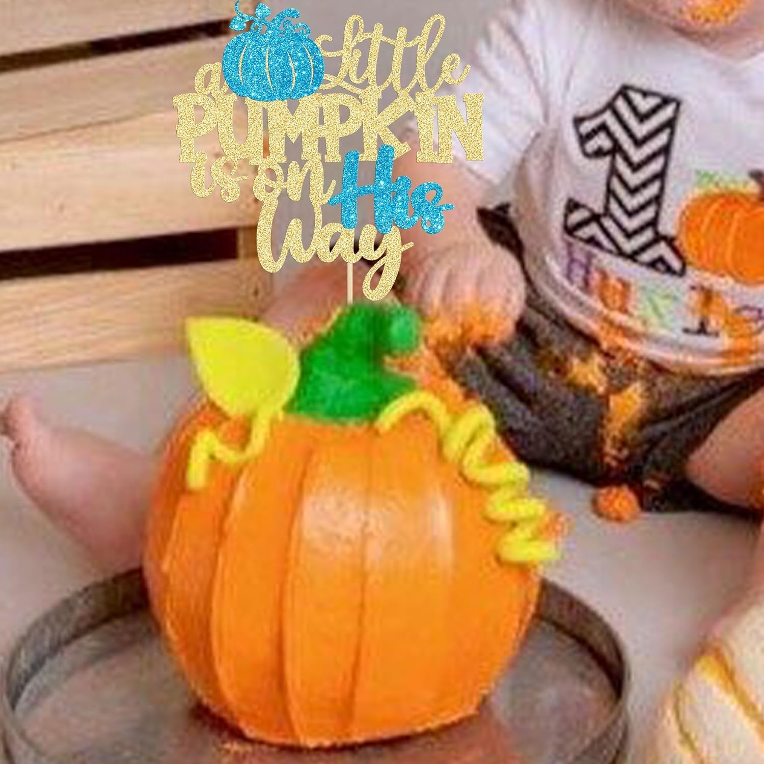 Little Pumpkin is on the Way Cake Topper, Glitter Pumpkin Baby Shower Cake Topper Decorations for Autumn/Halloween Themed Baby Shower Kids Boys Girls Birthday Party (Little Pumpkin on his way) 4