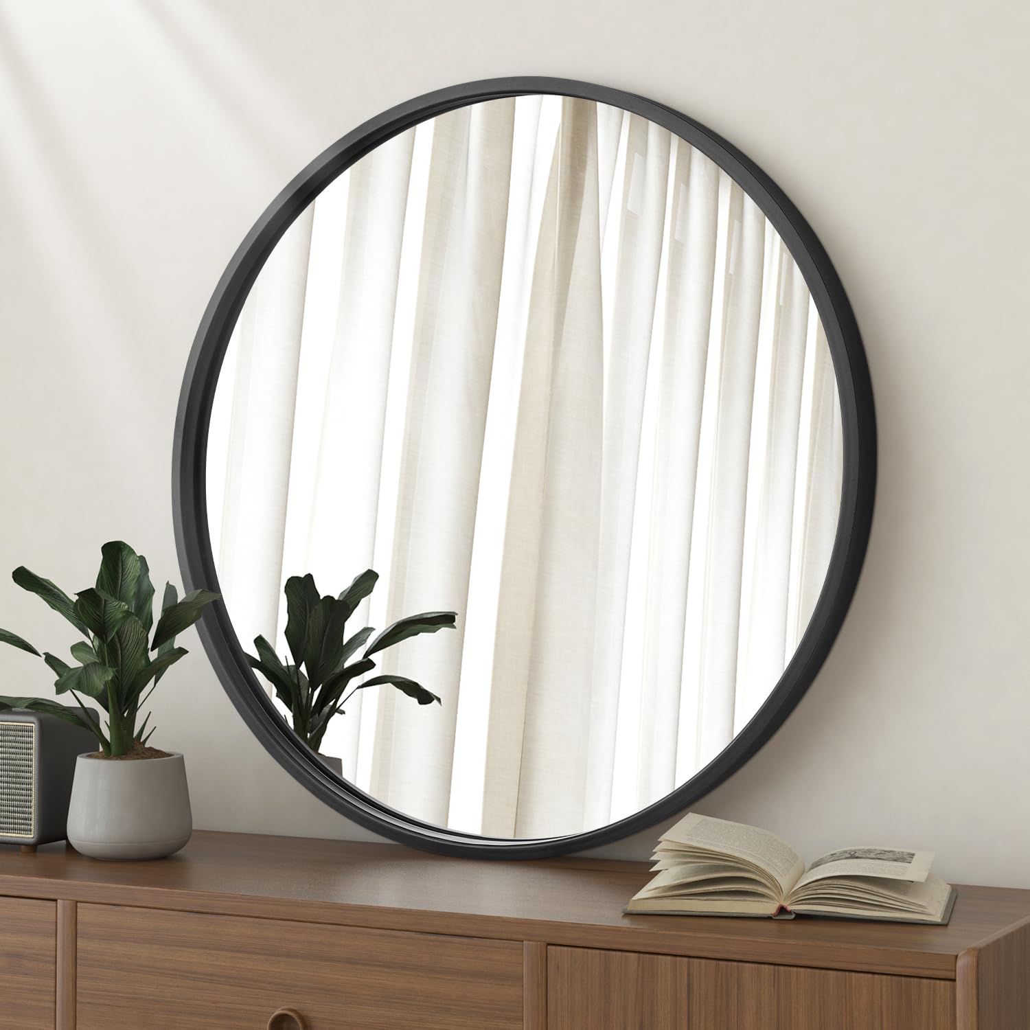 Lzuso Circle Mirror Black Metal Spherical Frame Round Mirrors for Bathroom Dining Roon Bed Room Entryway Modern Home Accent 50x50 cm