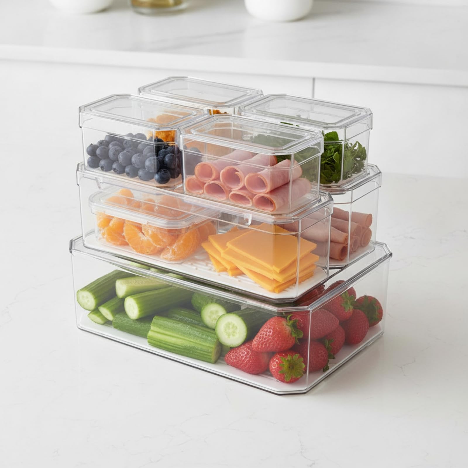 7 Pezzi Contenitore con Vassoio Forato Trasparente Contenitore Impilabile Leggero Organizer da Cucina per Ripostiglio
