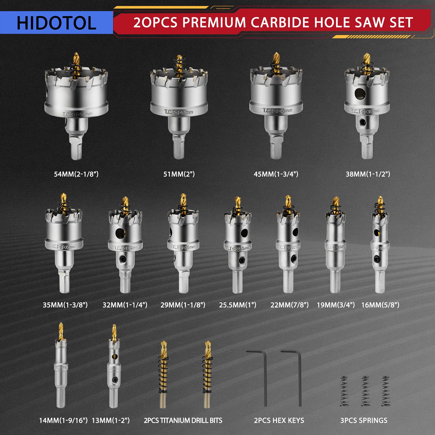 20PC TCT Carbide Hole Saw Kit 1/2" - 2-1/8" Tungsten Carbide Drill Bits Set with Titanium Pilot & L-Wrench, for Hard Metal Stainless Steel, Iron, Aluminum with Aluminium Case.