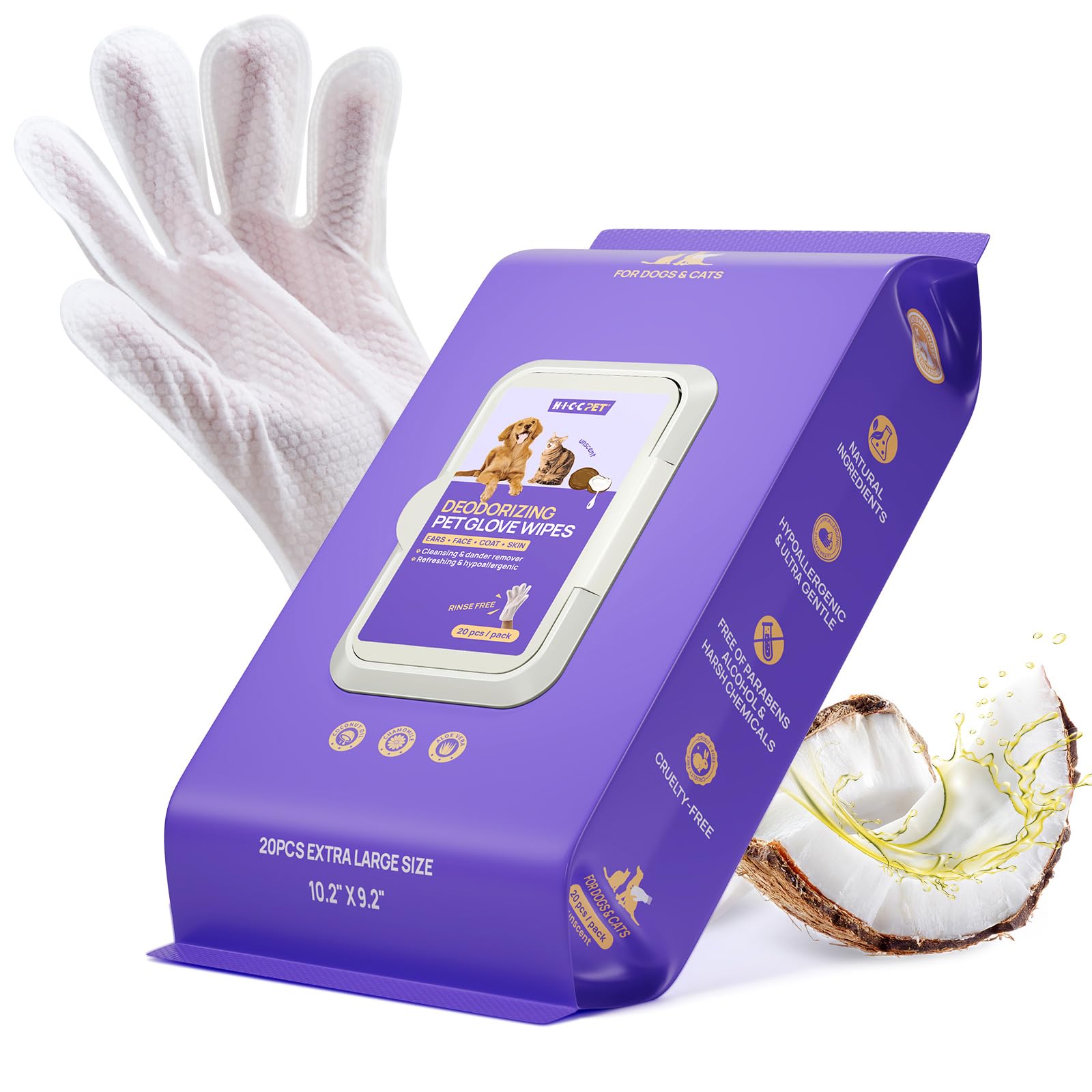 HICC PET Dog Wipes for Dogs &amp; Cats, Glove Design, 20 Count