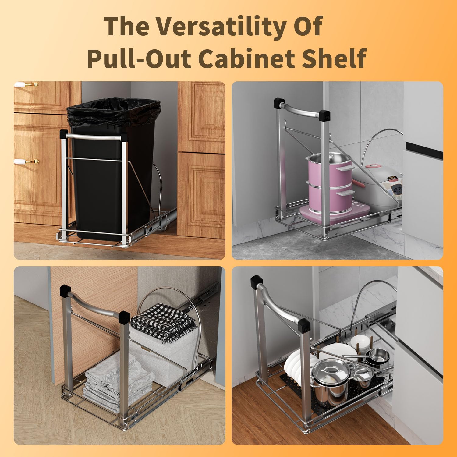 Adjustable Under Cabinet Trash Can Organizer with Soft Close Rail - Heavy Duty Silver Steel Under Sink Pull-Out Organizer, Fits 7-13 Gallon, Up to 125 lbs Capacity (Trash Can Not Included)