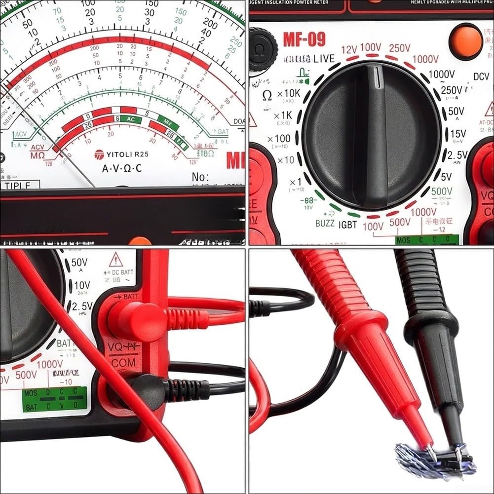 Multimetro analogico MF09 con tester di isolamento 1000 V - per voltmetro digitale ricaricabile USB C per diodi MOSFET IGBT test LED riparazione elettrica