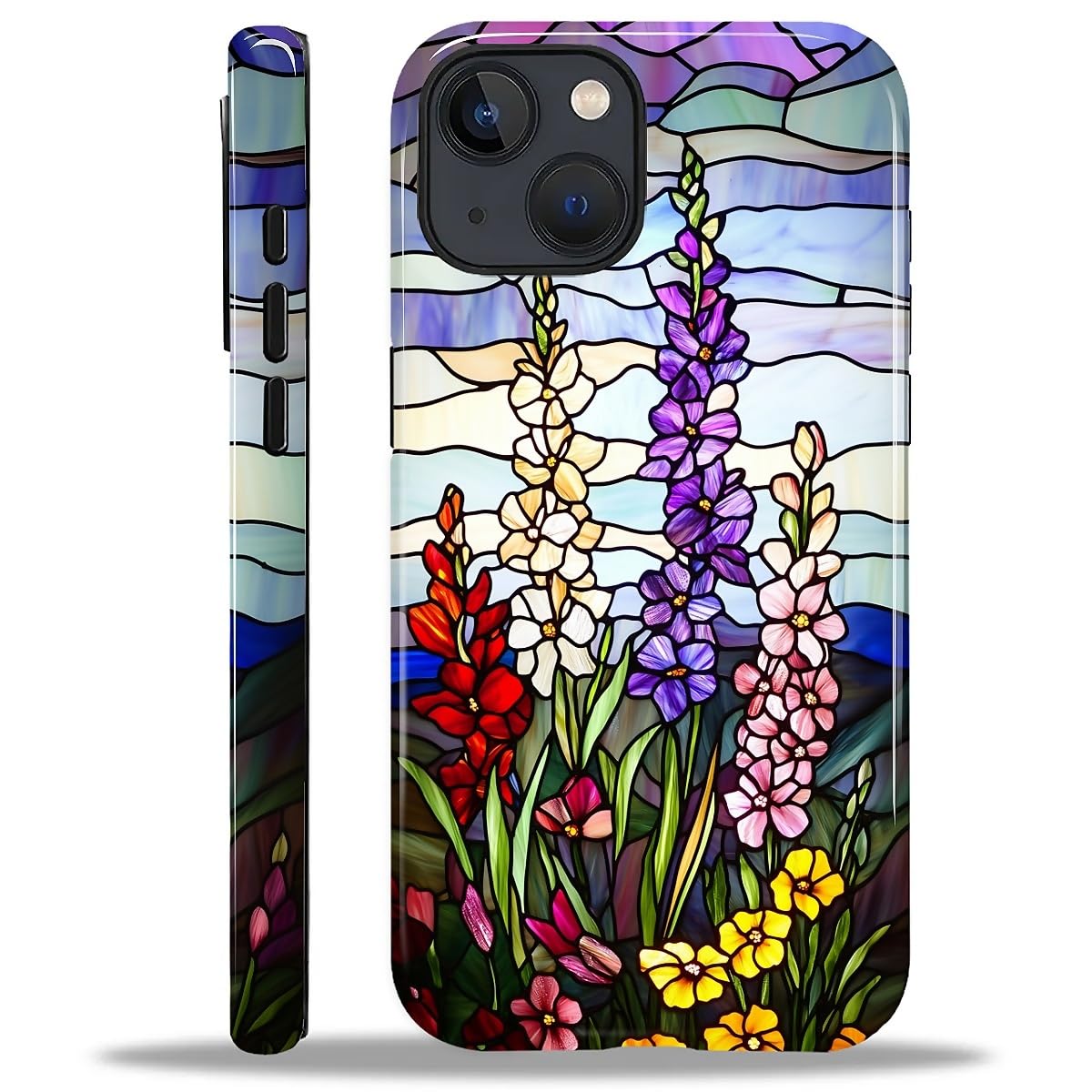 NONMY Compatible with iPhone 13/iPhone 14 Case,Hybrid 2-Layer Hard Shell Silicone Case - Stained Glass Flowers - Scratch Resistant Shockproof Cover