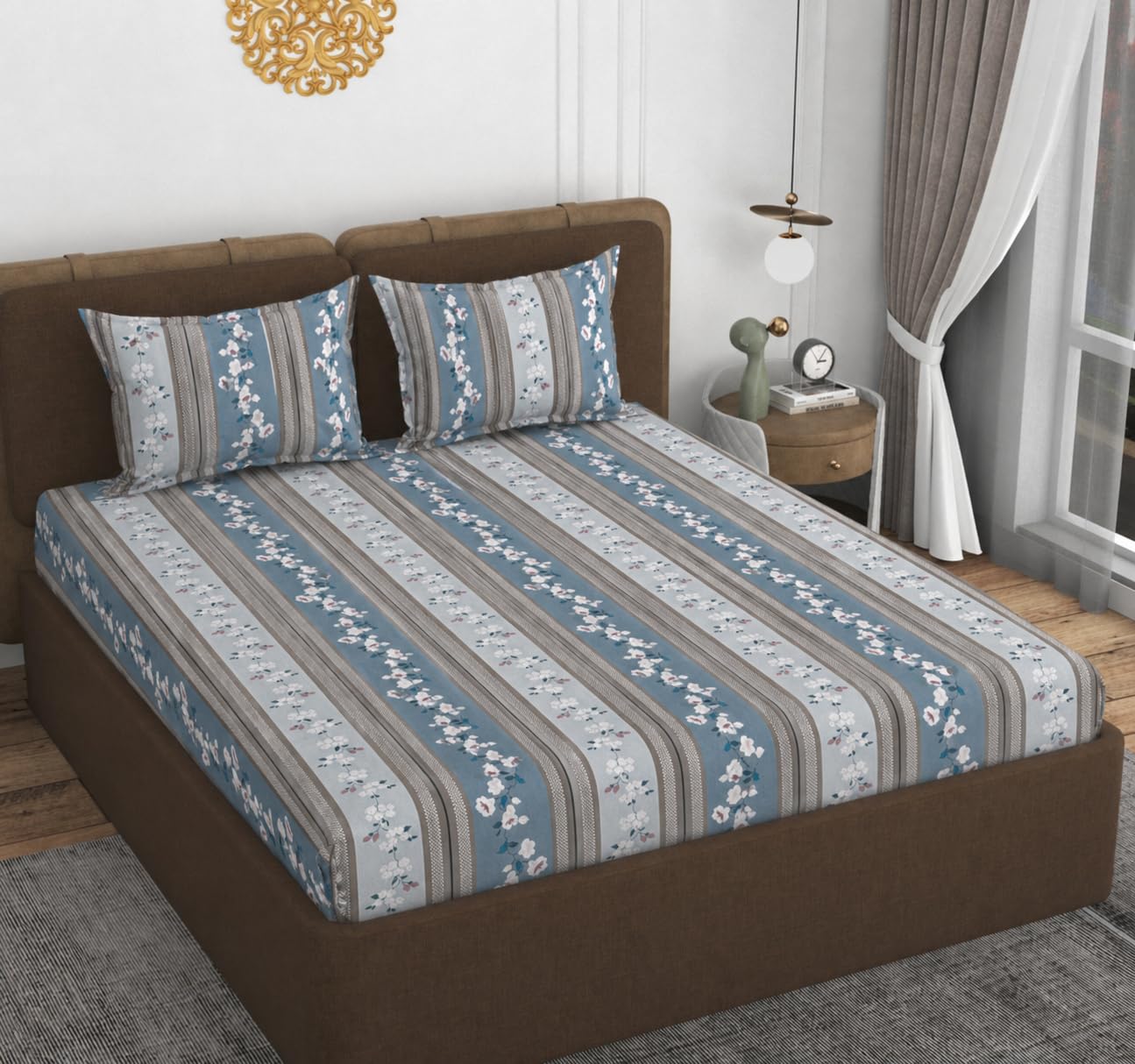 VOMZER 320 TC Cotton Feel All Around Elastic Fitted Bedsheets Queen Size, Premium Fitted Bedsheets Queen Size for Double Bed with 2 Pillow Covers, Size- 78” x 60” (Grey Blossom)