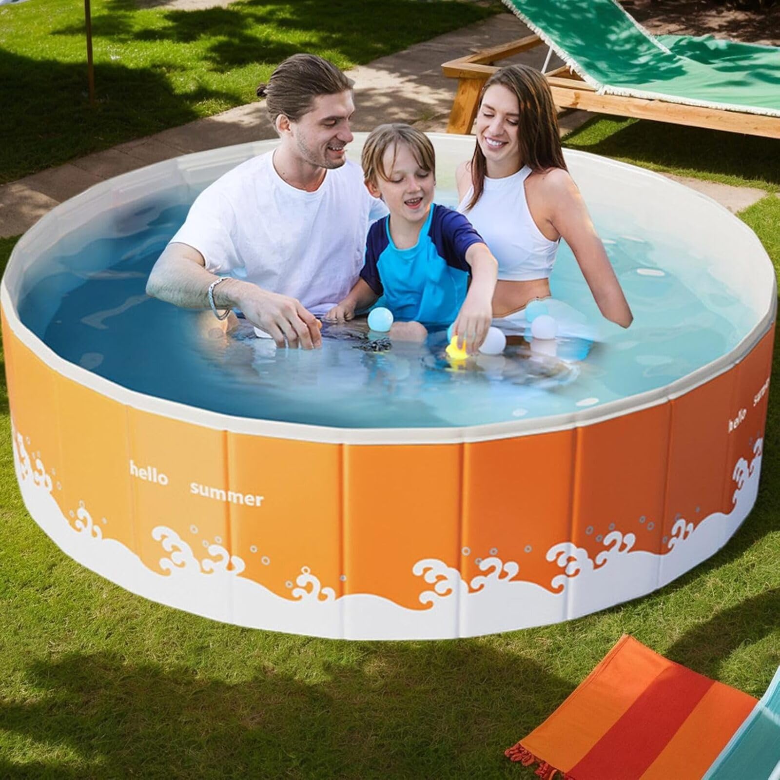 Piscina Plegable Sin Hinchado para Niños y Perros Grandes - PVC 5-Capas Ultra-Resistente, No Inflable/Sin Montaje, Fácil Limpiar y Almacenar para Jardín/Patio (Naranja, 90 * 48cm)