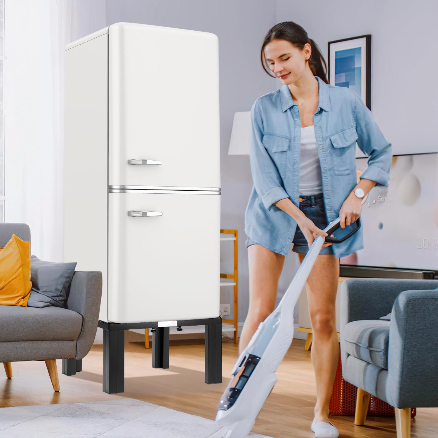 Fiqops waschmaschinen untergestell, Verstellbare Rostfreier Waschmaschine Untergestell 50-80cm,waschmaschine untergestell mit Einstellen der Skala,Untergestell für waschmaschine,Schwarz