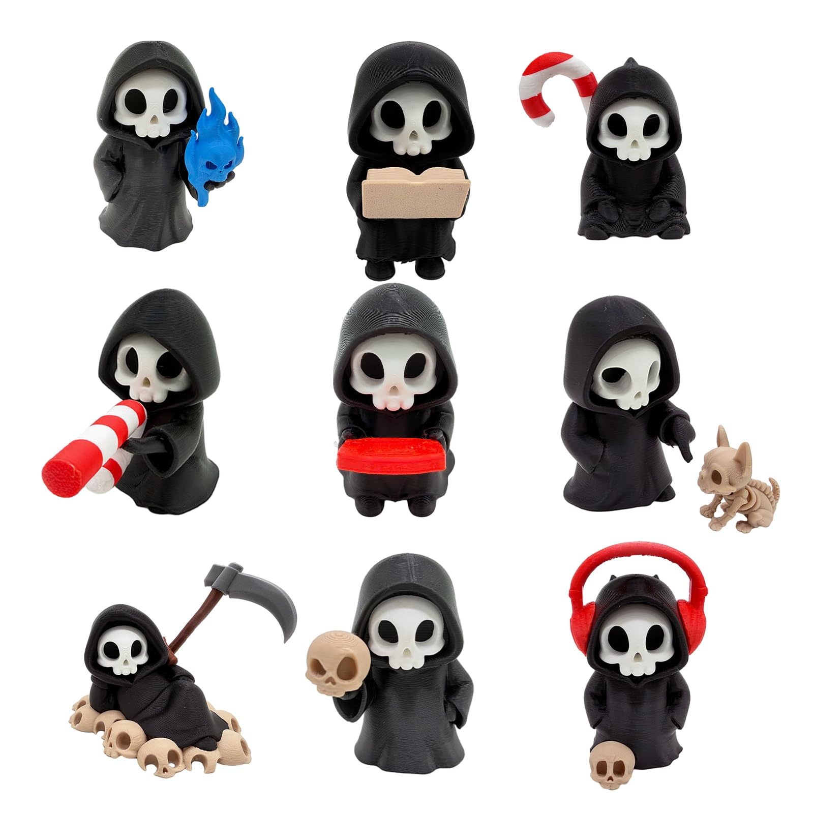 Pasisuu Grim Reaper Collection 9 Pieces 3D Printed Ornaments Eco Friendly PLA Safe Toys for Kids Teens Home Office Decor 9pcs
