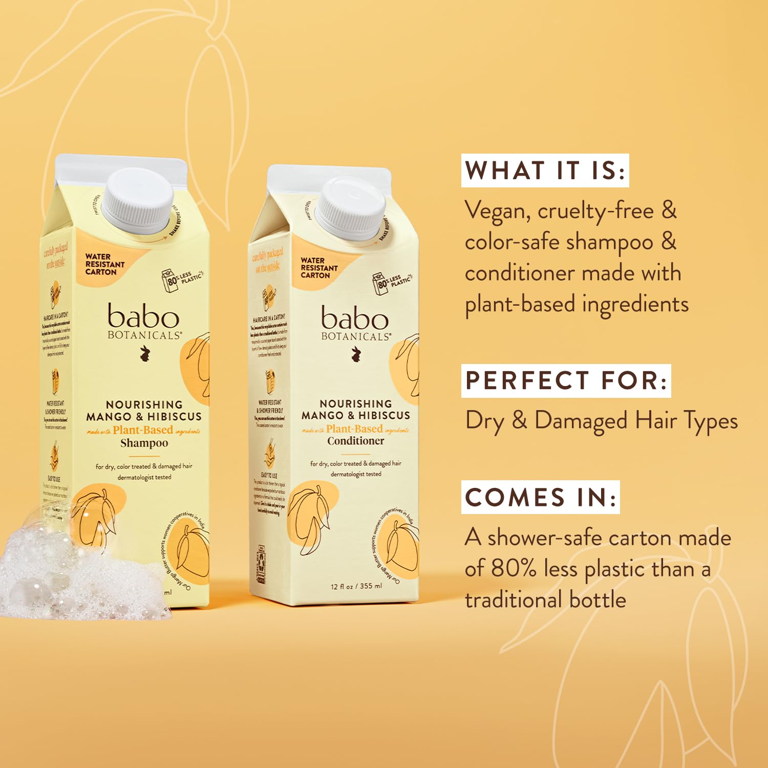 Babo Botanicals Nourishing Mango & Hibiscus Shampoo + Bundle with Conditioner- For Dry, Damaged, Color-Treated Hair – Moisturize & Soften - Passion Fruit Ferment for scalp