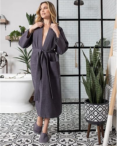 Miniatura 5 de Lotus Linen Batas ligeras de tejido gofre para mujer, bata larga de algodón suave, bata de baño tipo kimono para spa