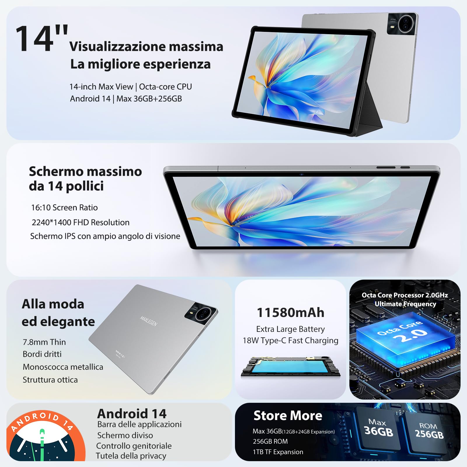 MAXLEGEN 14 Pollici 2,5K Tablet, 36GB RAM+256GB ROM/TF 1TB, 4G LTE+5G WiFi Android 14 Tablets, Octa Core/20W Ricarica rapida 11580 mAh/4 altoparlanti/BT5.0/GMS/GPS, Tab Pen/custodia/auricolare Inclusa