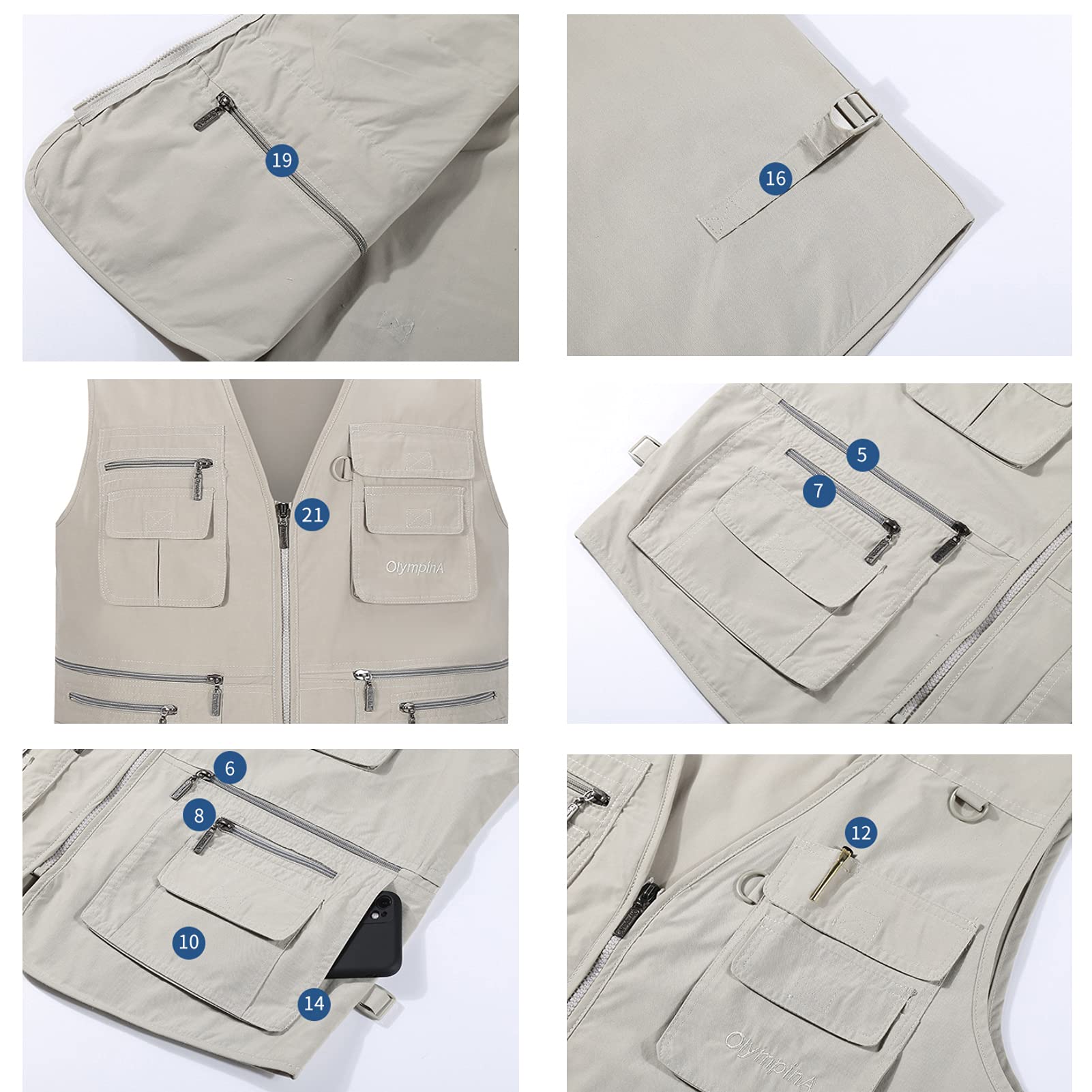 001-XL 001-XL Gilet de pêche en coton 16 poches