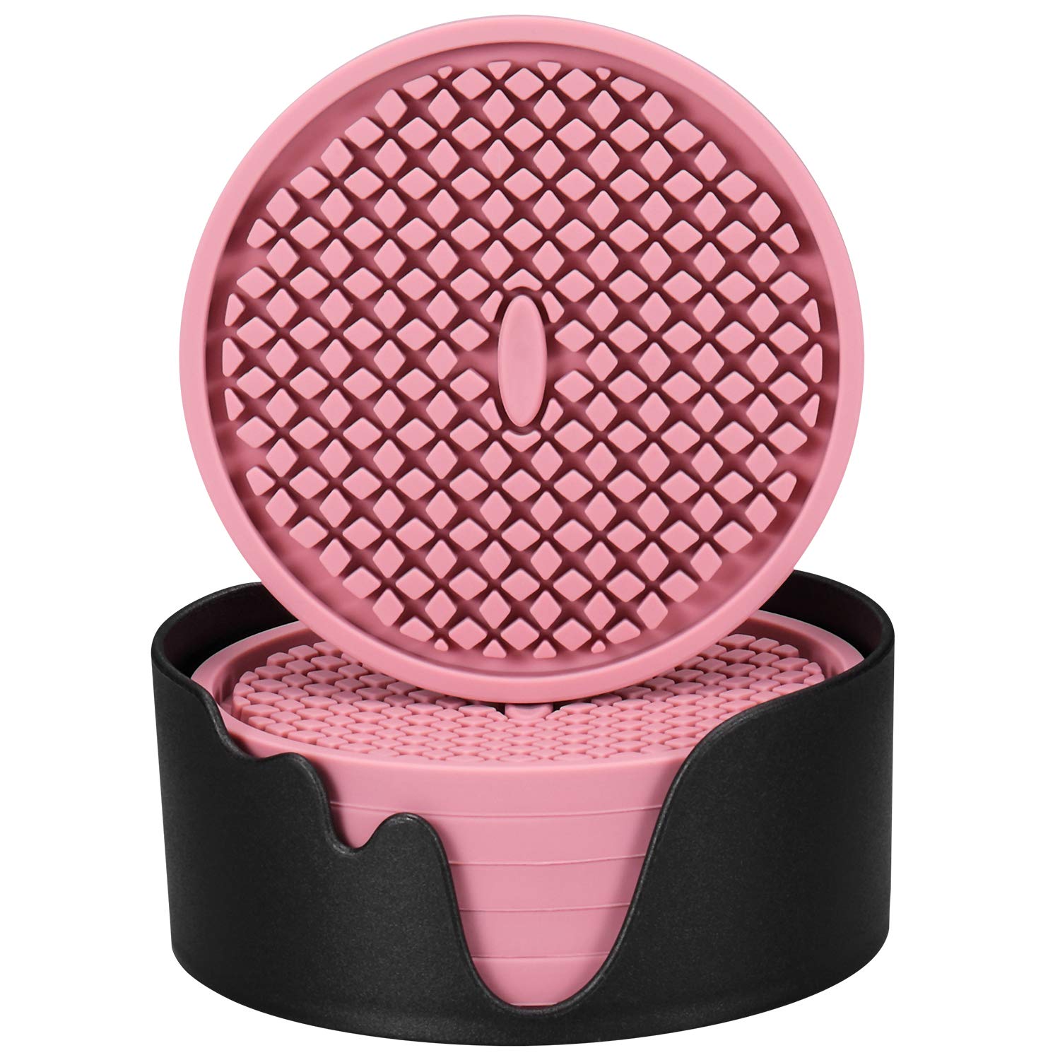 ME.FAN Silicone Coasters [6 Pack] Thickened Drink Coasters with Holder - Cup Mat - Non-Slip, Non-stick, Stay Put, Deep Tray - Prevents Furniture and