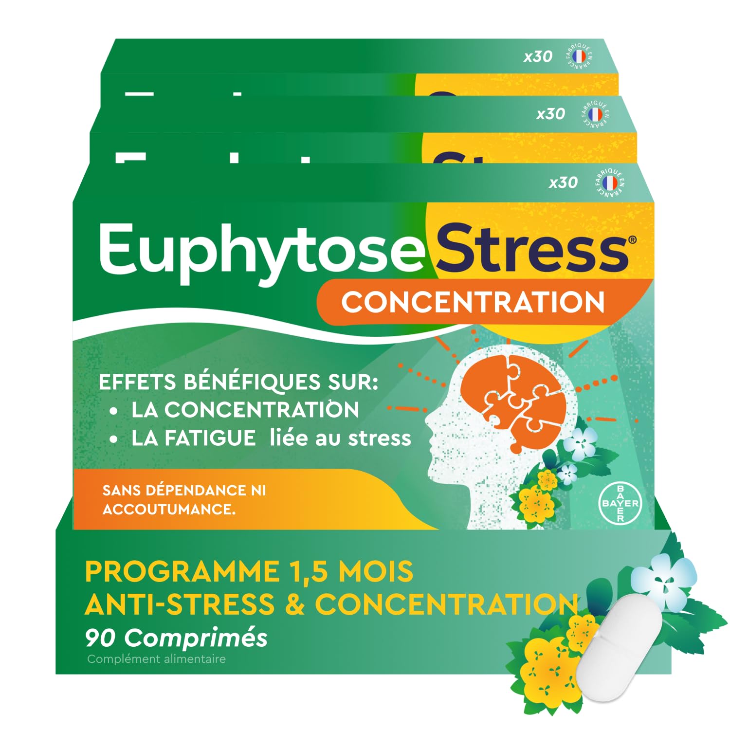 EuphytoseStress Concentration - Complément alimentaire - Bacopa Monnieri - Rhodiola Rosea - Plantes adaptogènes - Stress, Difficulté de Concentration - 3 mois - 3x30 comprimés - Fabriqué en France