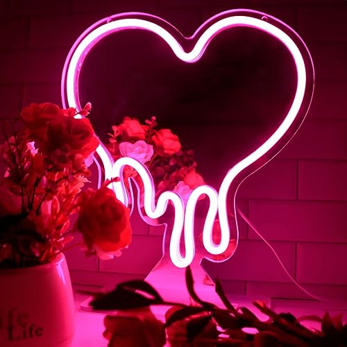 Letreros de neón de corazón fundido para decoración de pared, espejo de maquillaje acrílico con forma de corazón LED que gotea, letreros de neón con