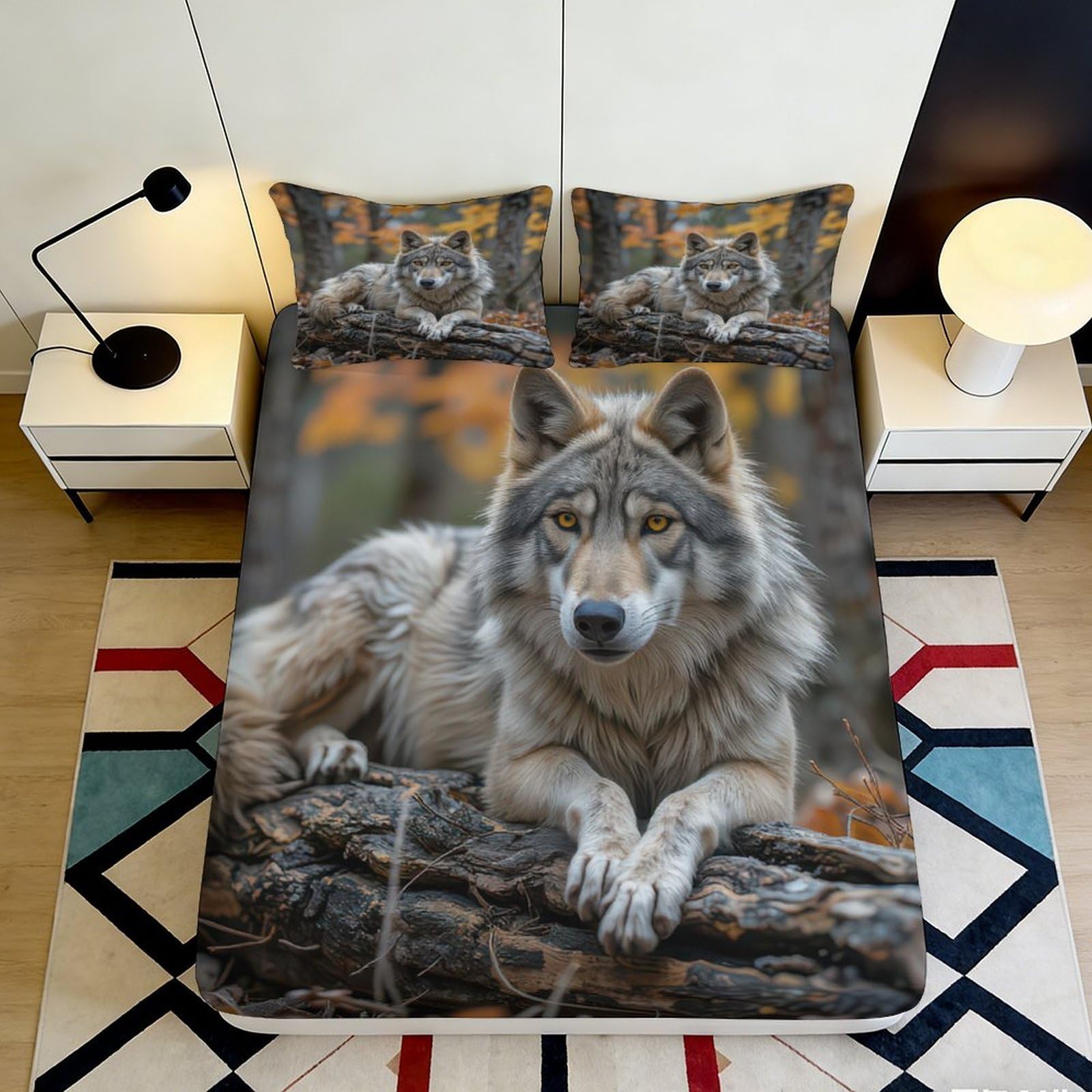 3D Printed Wolf Forest Fitted Sheet Microfiber Soft Breathable Woodland Bed Cover for Bedroom Guest Room Decor 90x200x25cm