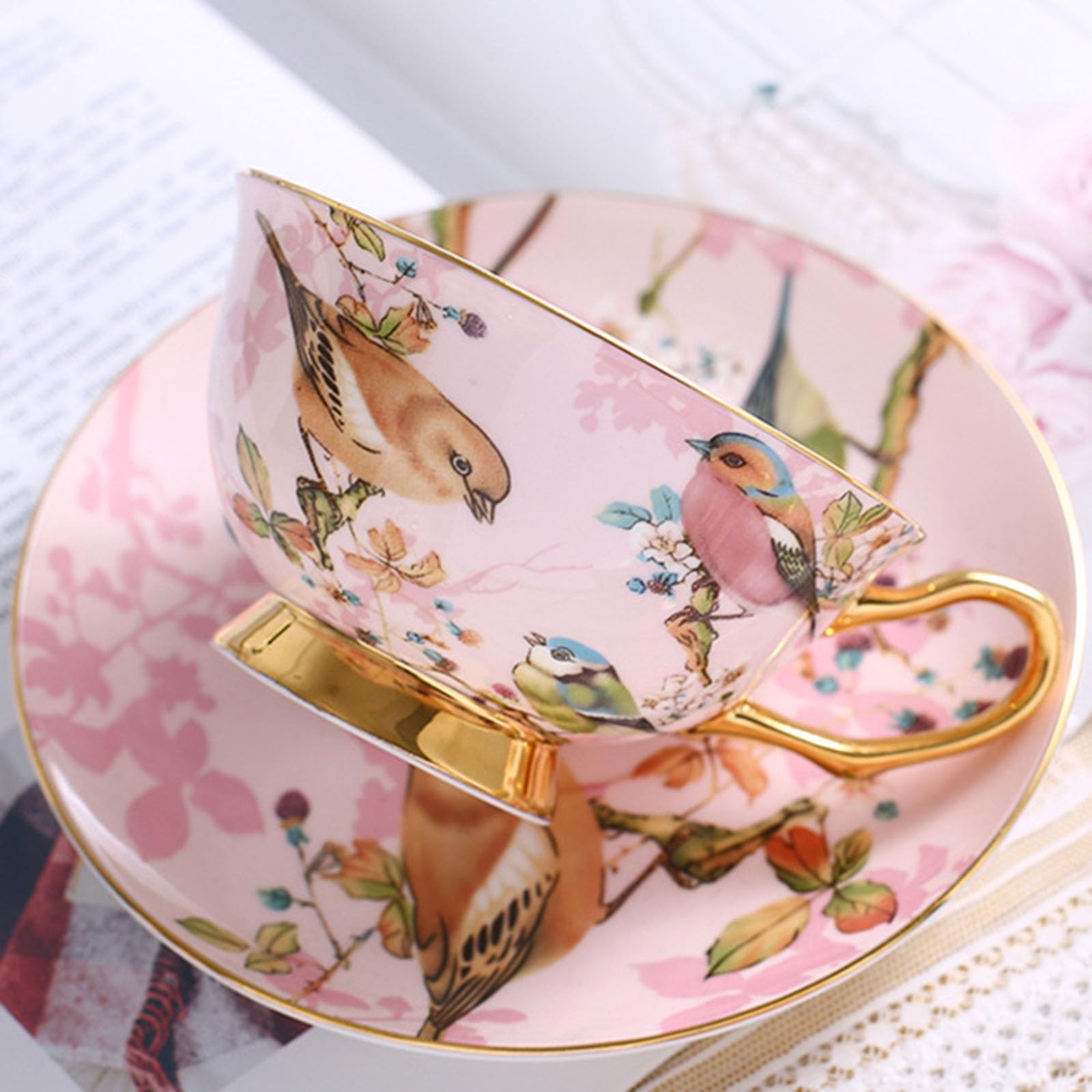 Zestaw filiżanek i spodków z porcelany kostnej łyżeczką | Wielokolorowy zestaw filiżanek z porcelany kostnej ze spodkiem do popołudniowej herbaty na śniadanie(Blue)
