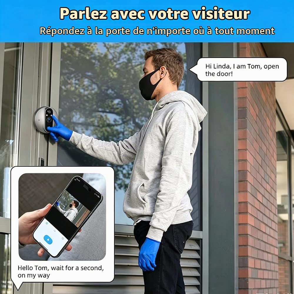 3MP Judas de Porte Camera Surveillance avec Carte Mémoire 32G, Visiophone Connecté Interphone Vidéo, WiFi sans Fil Judas Numérique 4.3’’ Écran Batterie 5000mAh, PIR Motion Détection