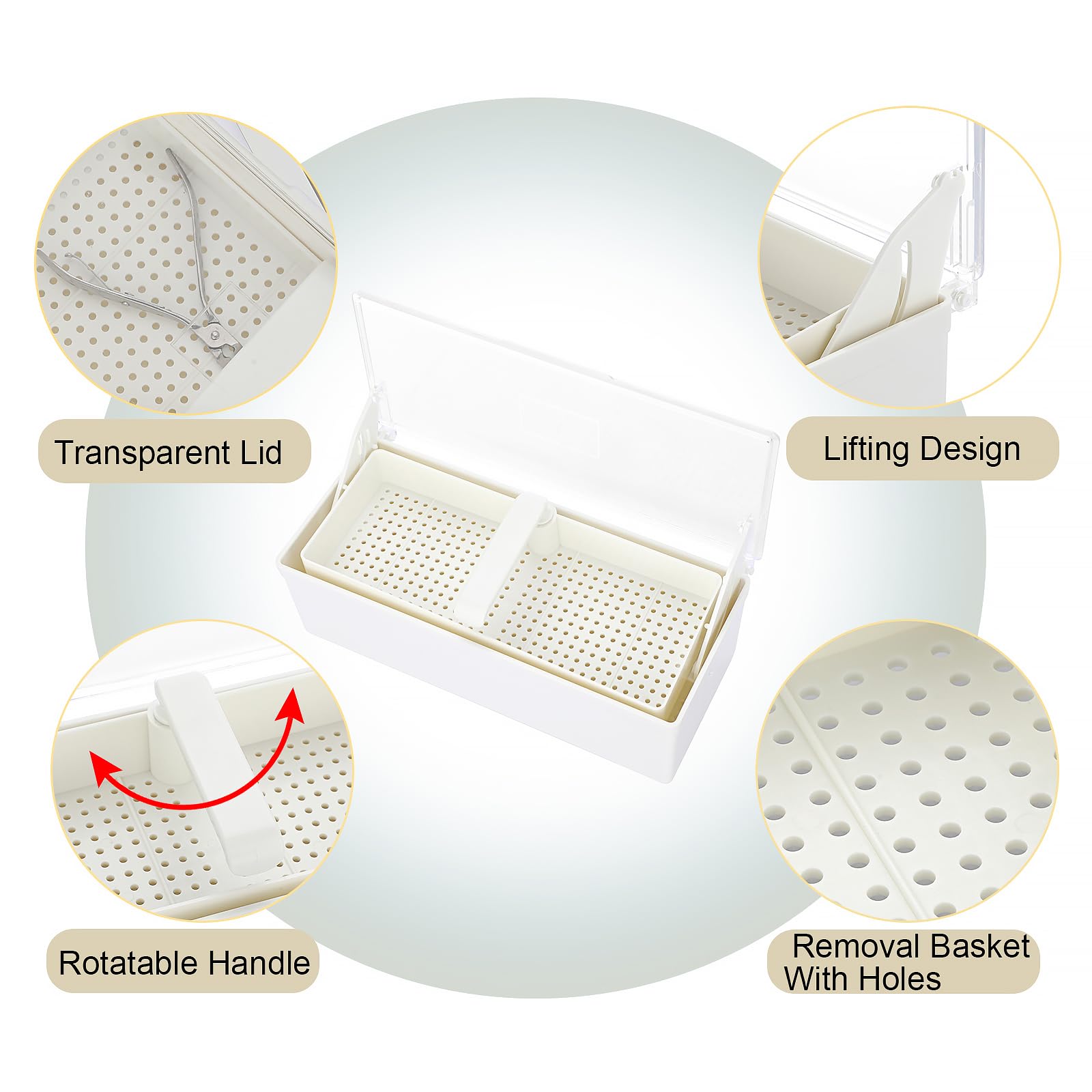 JUXYES Bandeja de esterilización de plástico para accesorios de arte de uñas, bandeja esterilizadora portátil con colador, caja de almacenamiento para pinzas, herramientas de manicura, herramienta de