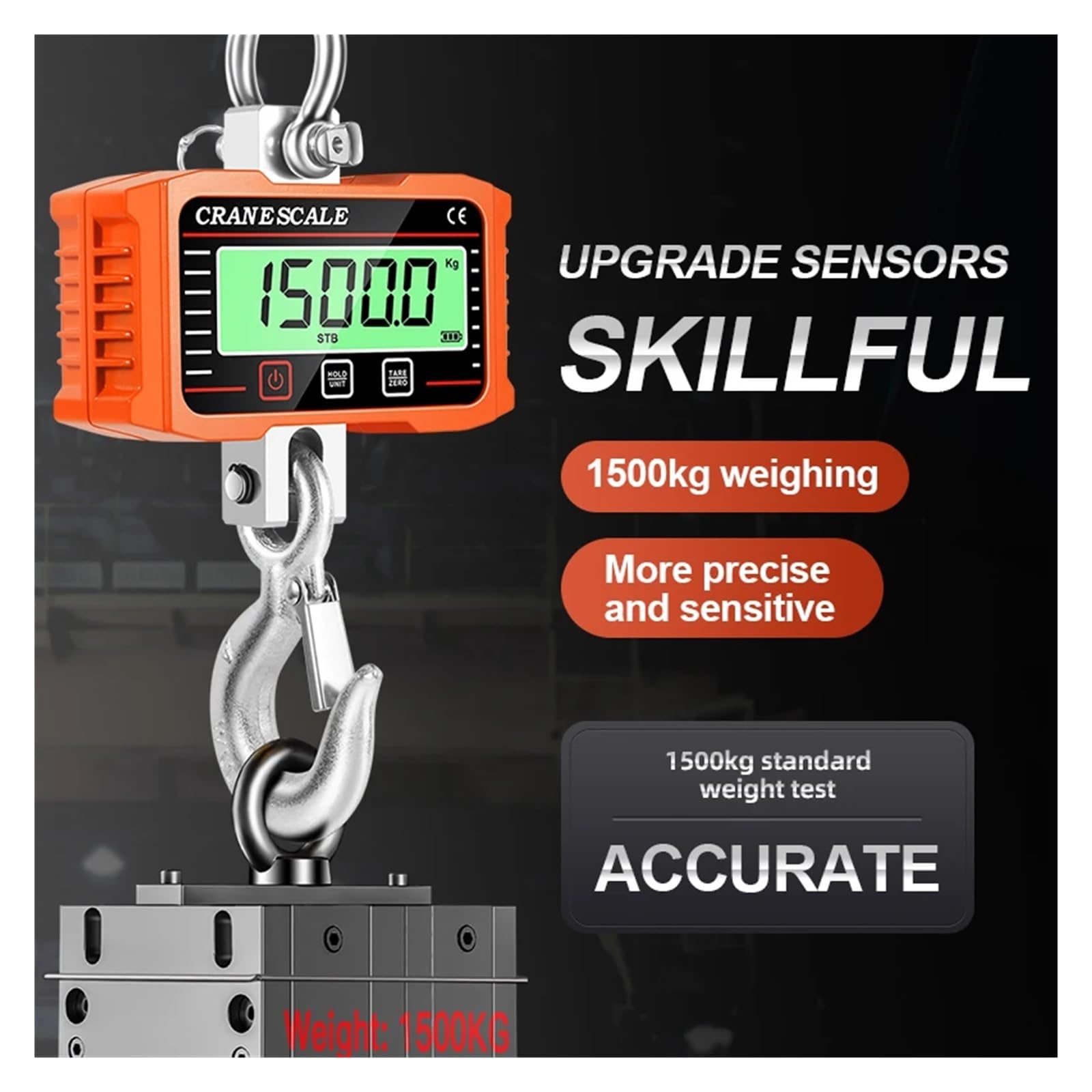 Báscula de grúa digital LCD 1500 KG, balanza pesaje con gancho aleación resistente industrial alta carga 500 kg/1 T, báscula colgante N/lb/kg para Mercado, Construcción(1000kg Orange)