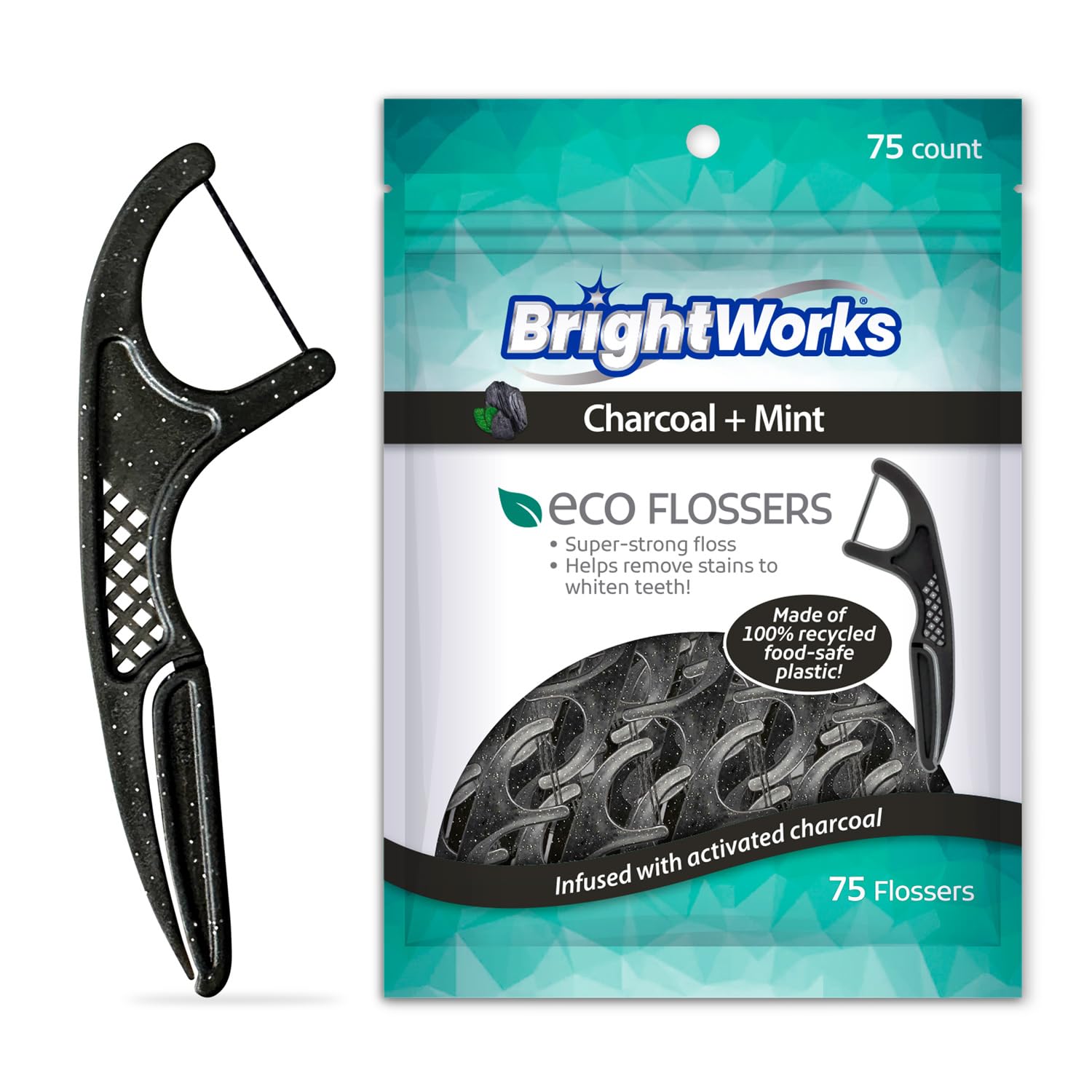Brightworks ECO Sustainable Floss Picks - 225 Count - PFAS Free - Made in USA Charcoal + Mint Infused 100% Post-Consumer Recycled Plastic with Micro-Crystals for Oral Care Hygiene Gum Health