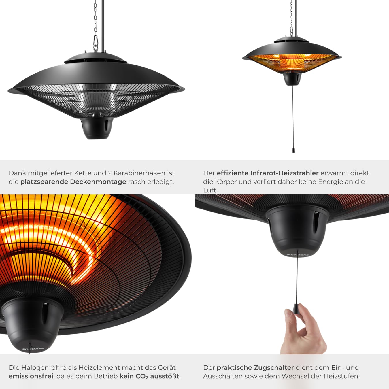 tectake® Infrarot Heizstrahler hängend, Deckenheizung, Infrarotstrahler Lampe zum Aufhängen an Decke, outdoor und indoor Infrarotheizung, Heizung elektrisch, Deckenheizstrahler für Terrasse