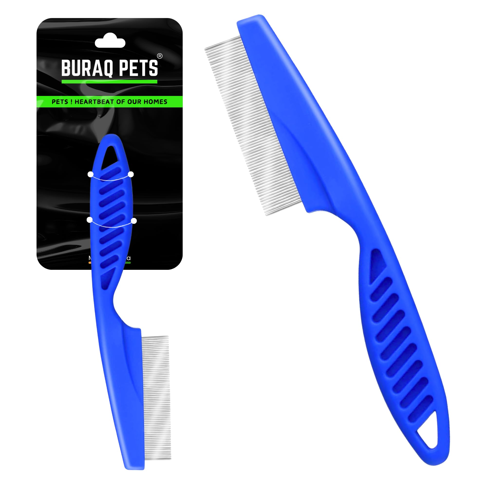 Buraq Flea Comb for Cats and Dogs Large Stainless Steel Grooming Comb for Removing Fleas Ticks Lice Eggs and Dirt with Anti Slip Handle Suitable for All Hair Types