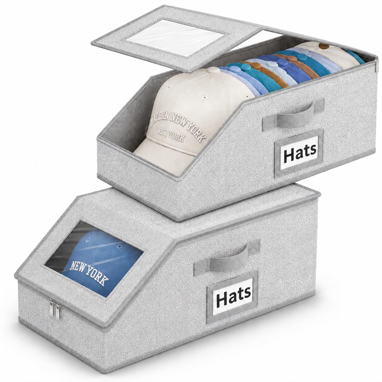 Uwioff Grey Hat Organizer For Baseball Caps - 2Pcs Stackable Storage With Clear Lid, Drawer & Flip-Top Access, Space-Saving Hat Box For Closet, Breathable Fabric, Beige