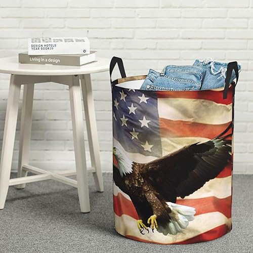 Miniatura 8 de Cesta circular con estampado de bandera estadounidense con águila moscada, impermeable, cesta organizadora de lavandería, con asas, para ropa,