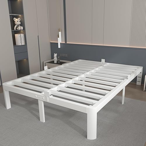 12 Inch White Full Size Bed Frame with Baffles, Metal