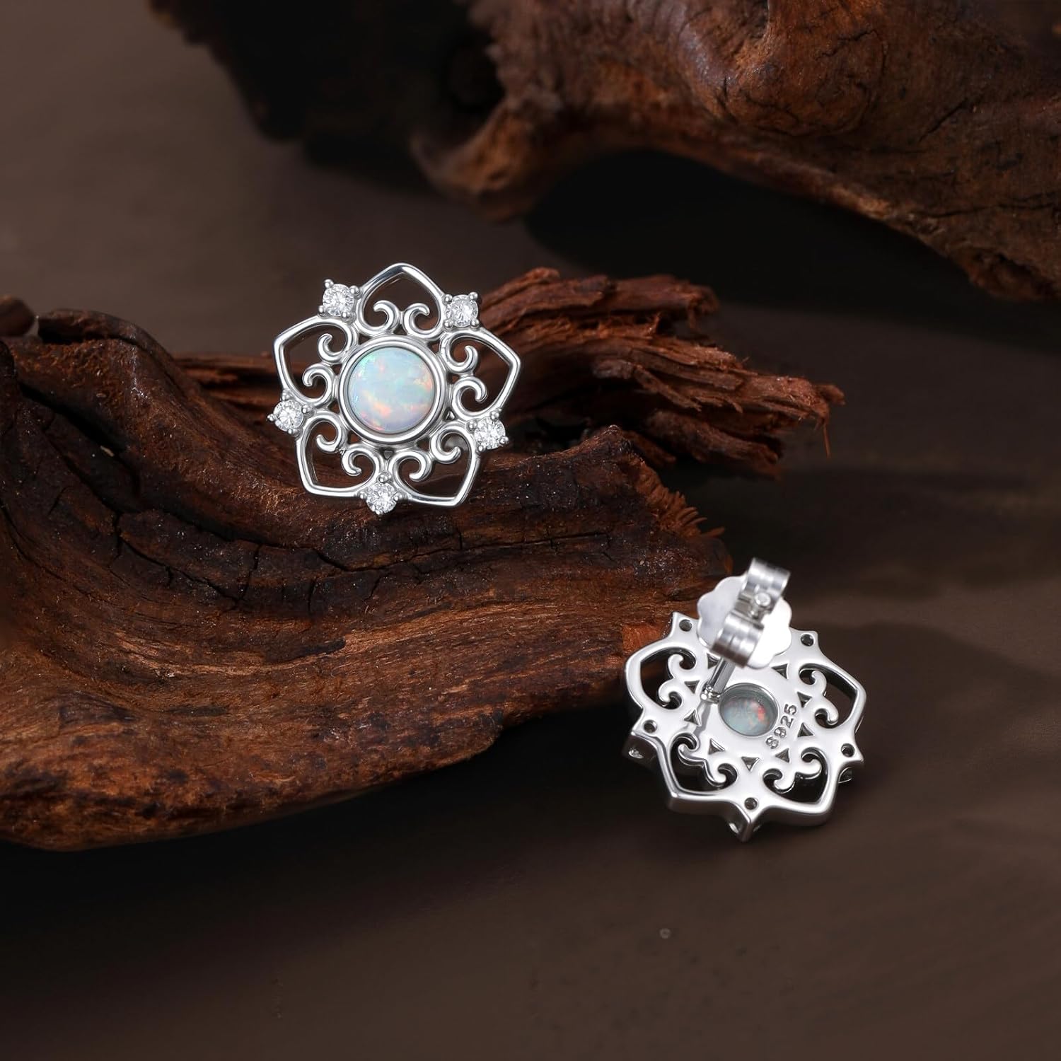 Opal Earrings for Women Opal with Genuine Diamond Stud Earrings 925 Sterling Silver Flower Diamond Jewelry Earrings Gifts For Her - Image 2