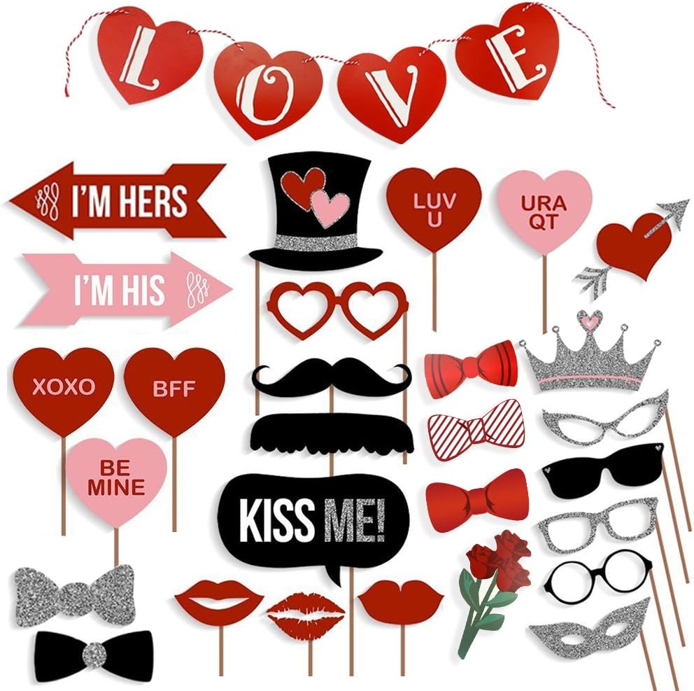 Valentine's Day Supplies Glitter Photo Booth Prop Sign Kit and Love Heart Banner Garland Hanging Bunting for Funny Valentines Party Decoration,Holiday Parties Supply,Party Favors-32 Count Selfie Props