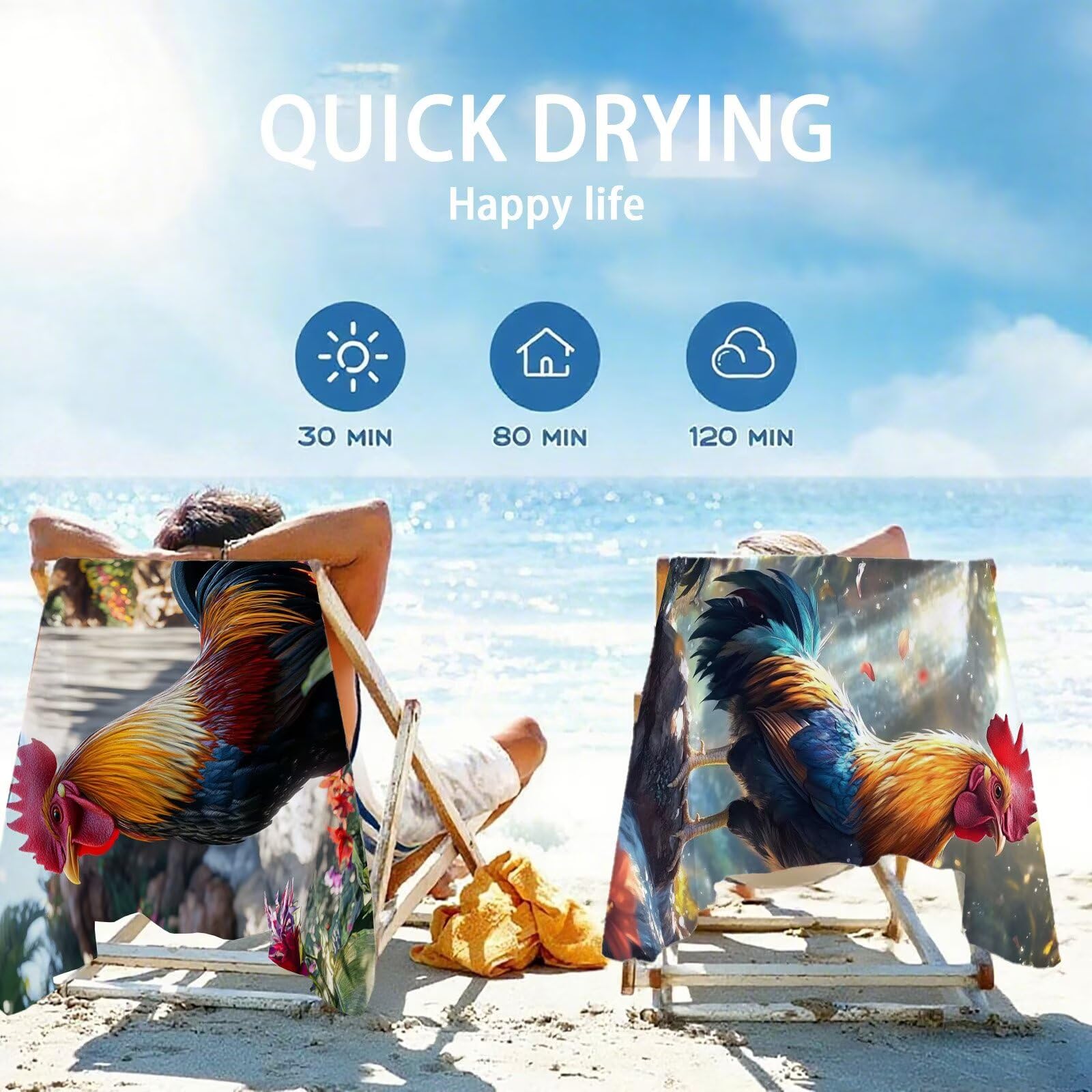 Mikrofaser Strandtuch 220x100cm, Huhn Strandtuch Blume Saunahandtuc 2 Stück Stranddecke Sandfrei, Schnell Trocknendes, Saugfahiges Strandmatte, Sporthandtuch für Reise Urlaub Schwimmen Camping OC-699