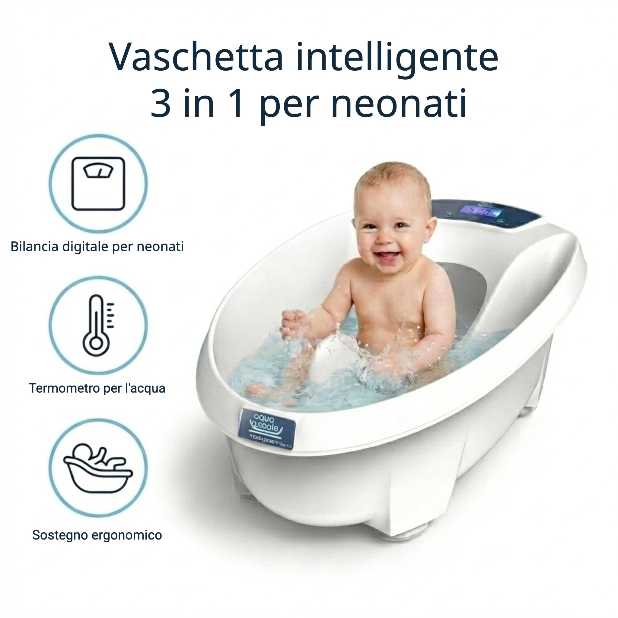 AquaScale 3-in-1 Vaschetta Bagnetto Neonato, Bilancia Digitale e Termometro per L'Acqua, Next Generation V3