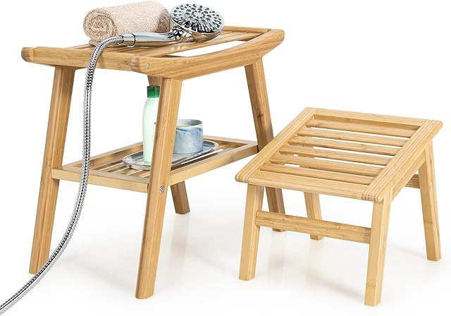 RELAX4LIFE Bamboo Shower Bench and Footstool Set, 2-Tier Spa Bathroom Stool Seat with Storage Shelf & Non-Slip Foot Pads, Portable Wooden Shaving Step Stool for Kids Adults