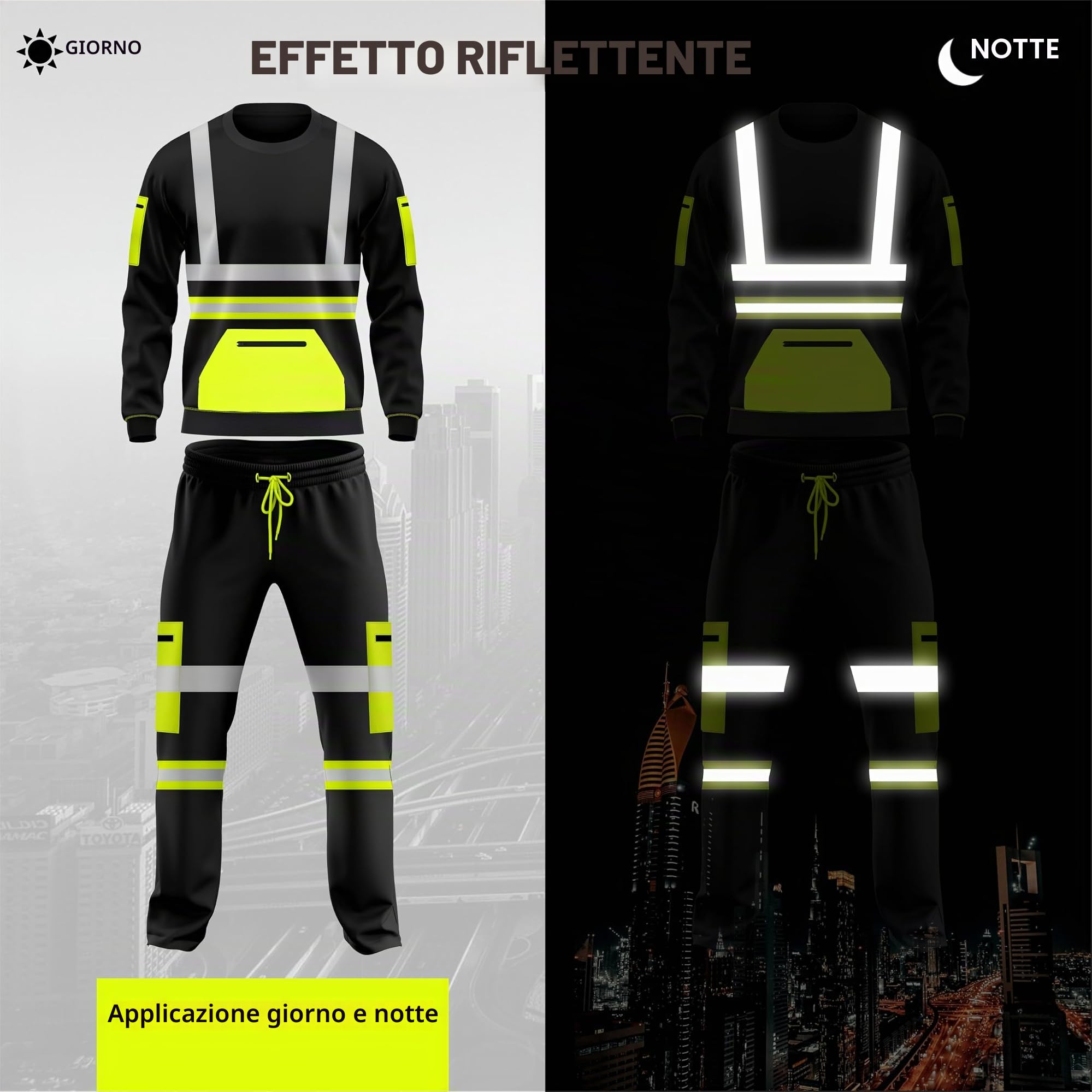 Set tuta da lavoro in pile ad alta visibilità, orlo aperto, pantaloni con risvolto, tasche con coulisse, felpa a maniche lunghe, set di pantaloni e top di sicurezza