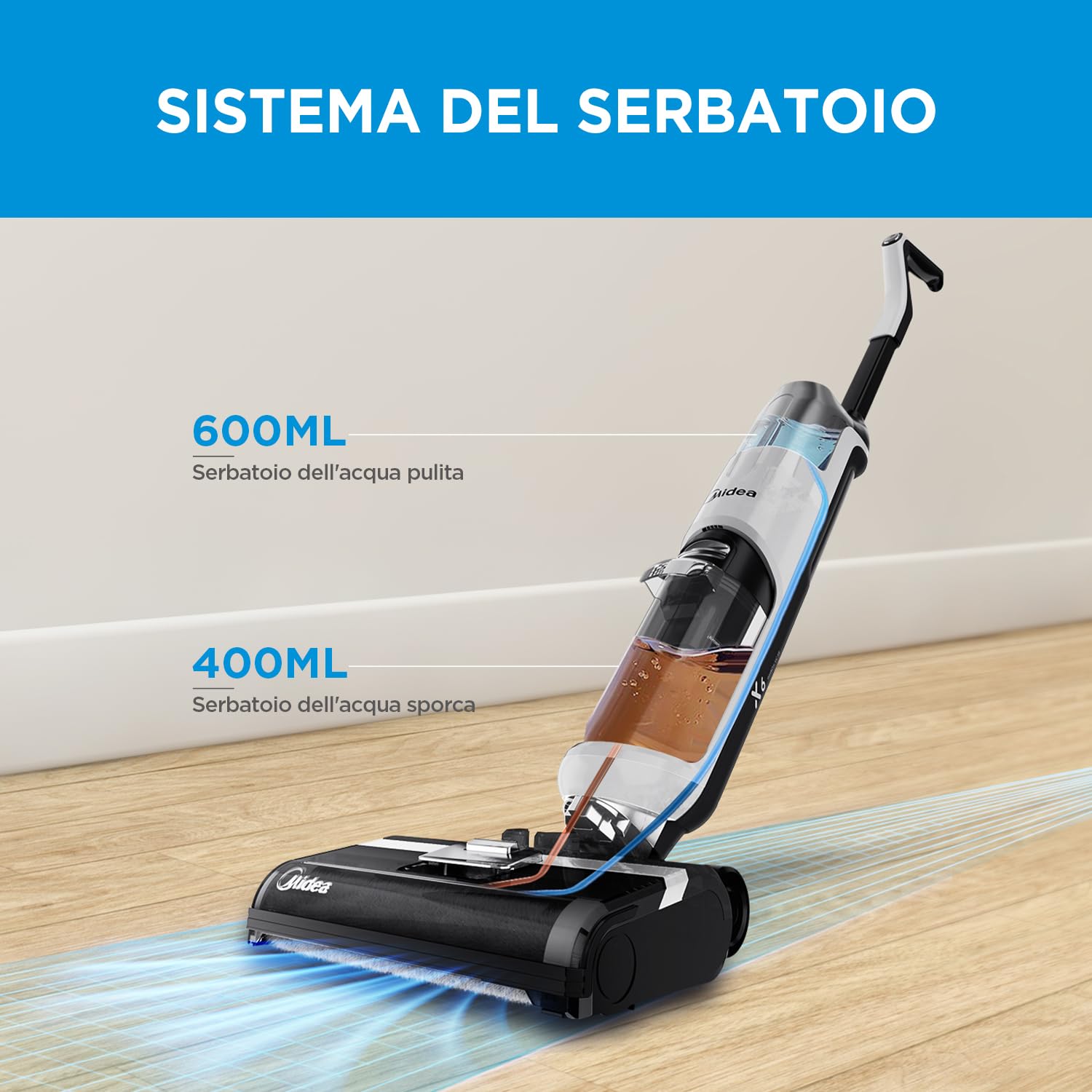 Midea Wet & Dry Aspirapolvere X6, 3-in-1 Pulitore per Pavimenti autopulente, Bianco e Nero, doppi serbatoi da 0.6 L e 0.4 L, 190 W, 400 milliliters, 80 decibeles
