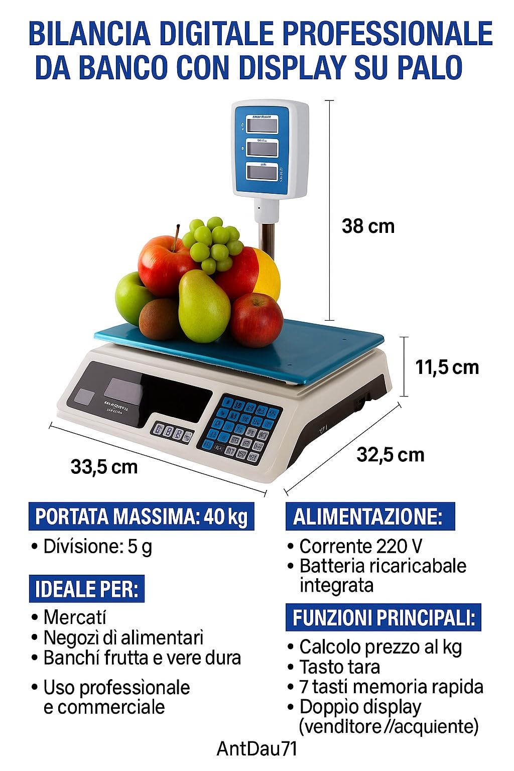 Digitale elektronische Waage vorne hinten professionell, max. 40 kg, Preisberechnung